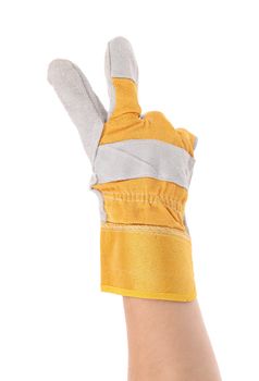 Gloved hand showing two finger. Isolated on a white background.