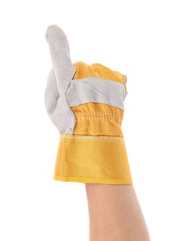 Gloved hand showing one finger. Isolated on a white background.