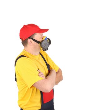 Worker in gas mask. Isolated on a white background.