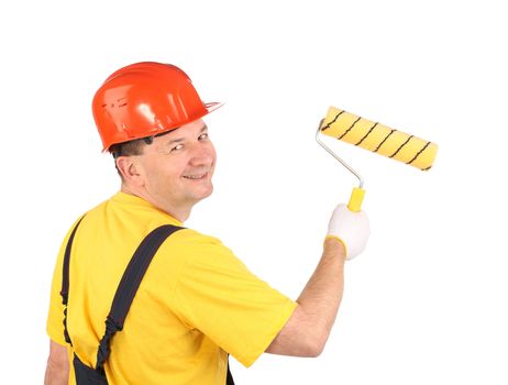 Worker with roller and bucket. Isolated on a white background.