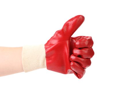 Red protective glove showing like. Isolated on a white background.