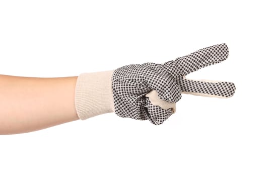 Hand in gloves shows two. Isolated on a white background.