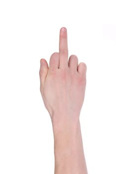 Man hand shows middle finger. Isolated on a white background.