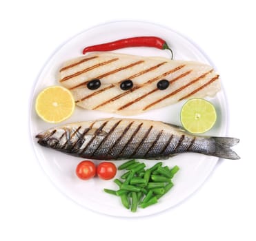 Grilled seabass with pangasius fillet. Isolated on a white background.