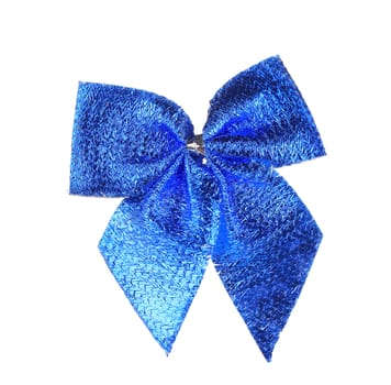 Blue bow made of ribbon. Isolated on a white background.
