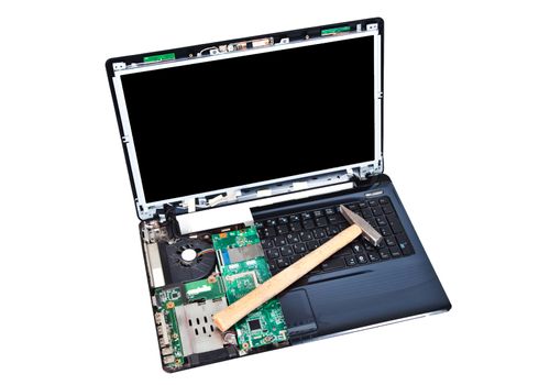 Laptop with hammer on keyboard