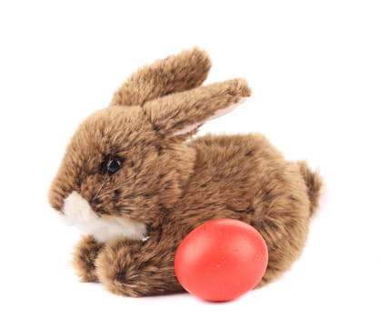 Easter rabbit and red egg. Isolated on a white background.