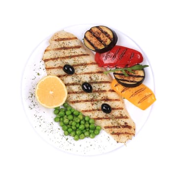 Grilled pangasius fillet on plate. Isolated on a white background.