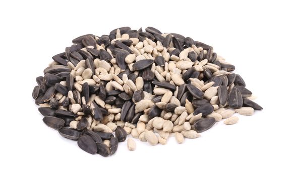 Bunch of white and black sunflower seeds. Isolated on a white background.