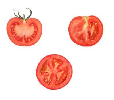 Tomato slices close up. Isolated on a white background.