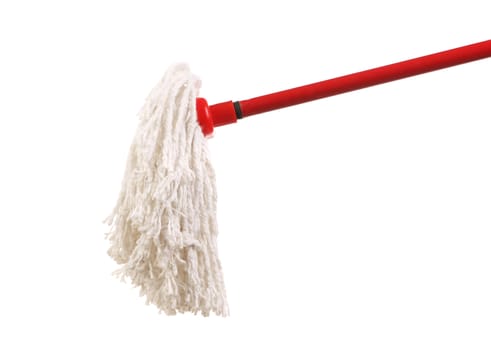 Closeup of red mop for cleaning. Isolated on a white background.