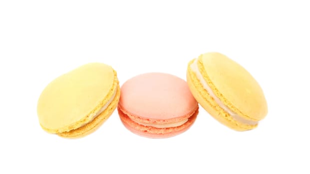 Close up of macaron cakes. Isolated on a white background.