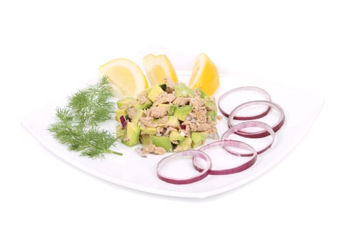 Avocado salad with tuna. Isolated on a white background.