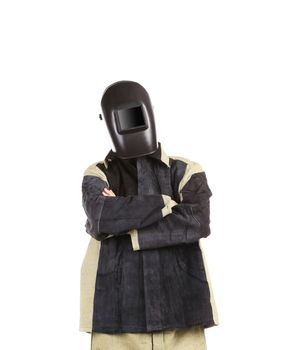 Welder in mask with arms crossed. Isolated on a white background.