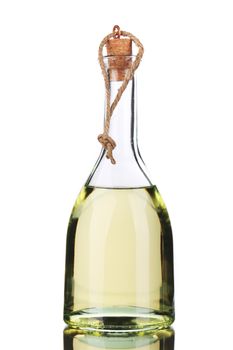 Small bottle of olive oil with cork stopper. Isolated on a white background.