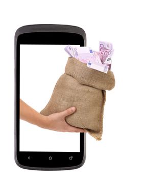 Hand with money bag from cell phone. Isolated on a white background.
