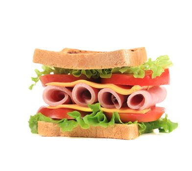 Big sandwich with fresh vegetables. Place for text. Whole background.