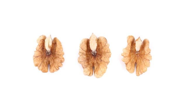 Close up of walnut kernels. Isolated on a white background.