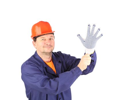 Worker put on the glove. Isolated on a white background.