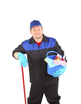 Worker with cleaning equipment. Isolated on a white background.