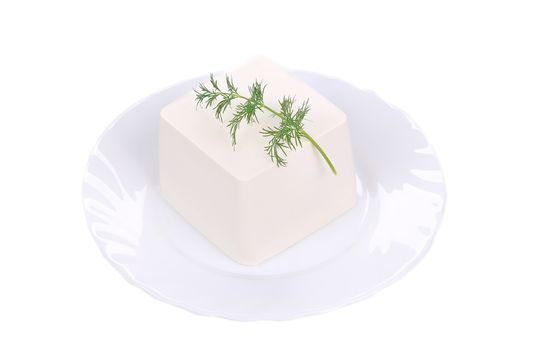 Feta cheese with dill herb. Isolated on a white background.