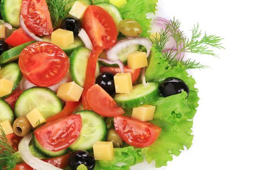 Greek salad with cheese. Isolated on a white background.