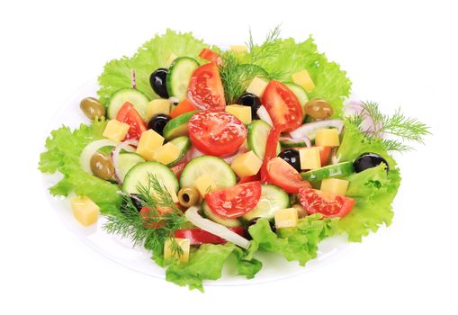 Greek salad with cheese. Isolated on a white background.
