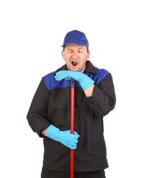 Tired cleaner with mop. Isolated on a white background.