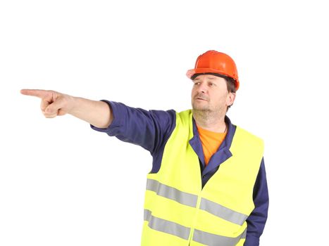 Worker in reflective waistcoat point the finger.  Isolated on a white background.