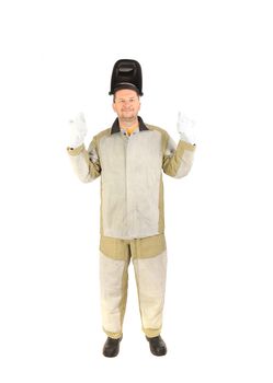 Smiling welder in uniform. Isolated on a white background.