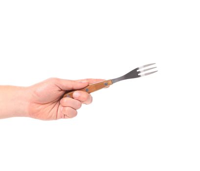 Hand holding fork. Isolated on a white background.