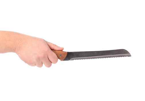 Hand holding high-quality bread knife. Isolated on a white background.