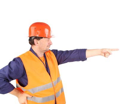Worker in reflective waistcoat point the finger.  Isolated on a white background.