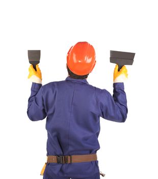 Worker in hard hat holding spatula. Isolated on a white background.