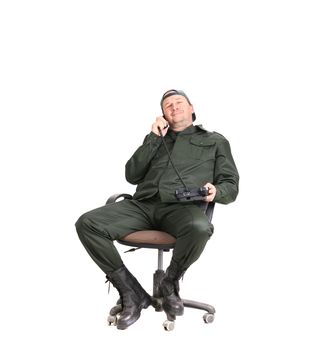 Worker talking on telephone. Isolated on a white background.