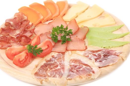 Meat and cheese plate. Isolated on a white background.