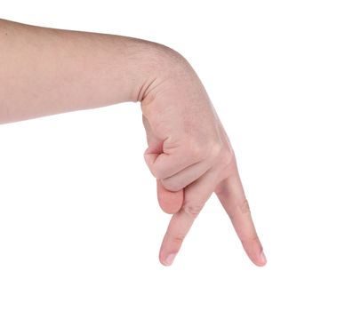 Male hand showing the walking fingers. Isolated on a white background.