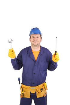 Worker holding screwdriver. Isolated on a white background.