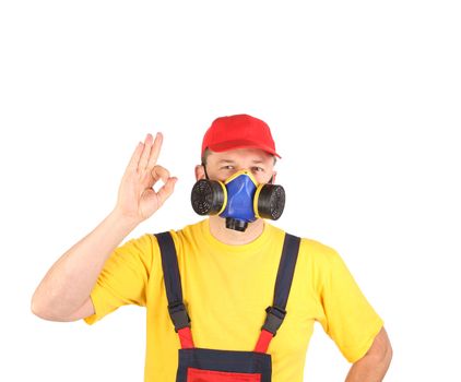 Worker in gas mask showing okay sign. Isolated on a white background.