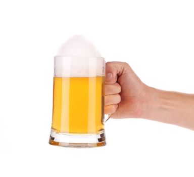 Hand holding beer glass. Isolated on a white background.