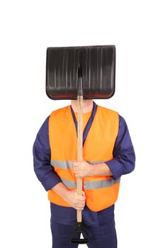 Worker in reflective waistcoat hiding face. Isolated on a white background.