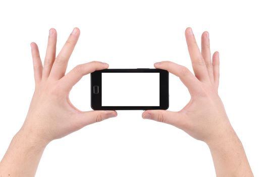 Hands holding smartphone. Isolated on a white background.