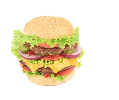 Delicious juicy hamburger. Isolated on a white background.