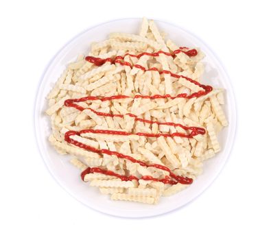 French fries with ketchup on plate. Isolated on a white background.