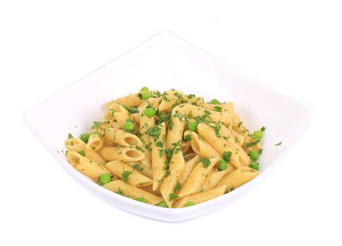 Pasta penne with green peas and parsley. Isolated on a white background.