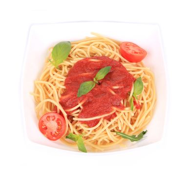 Tasty italian pasta with tomato sauce. Isolated on a white background.