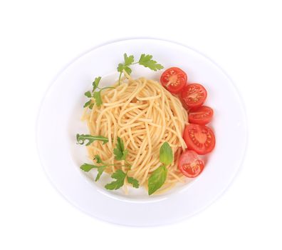 Delicious spaghetti with herbs. Isolated on a white background.