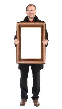 Smiling man holding wooden frame. Isolated on a white background.