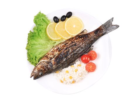 Grilled fish with vegetables on plate. Isolated on a white background.