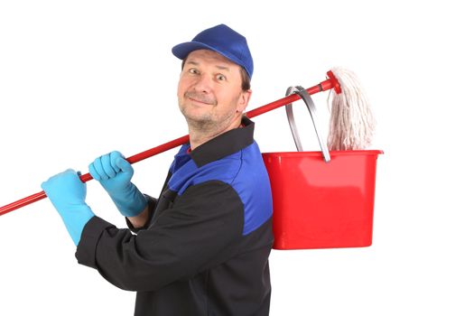Cleaner with basket and mop. Isolated on a white background.